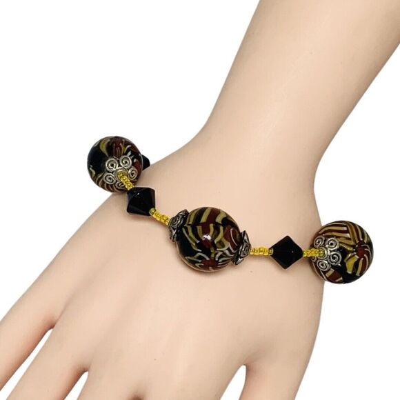 Murano Italy Swirl Multicolor Chunky Glass Bead Bracelet 9" Rare 19mm Trendy - Picture 6 of 10